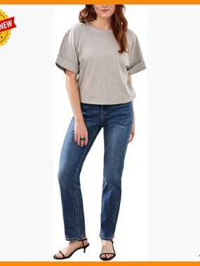 Curvy Straight Leg Jeans Mid Rise Stretch Denim Tummy Tuck Waistband